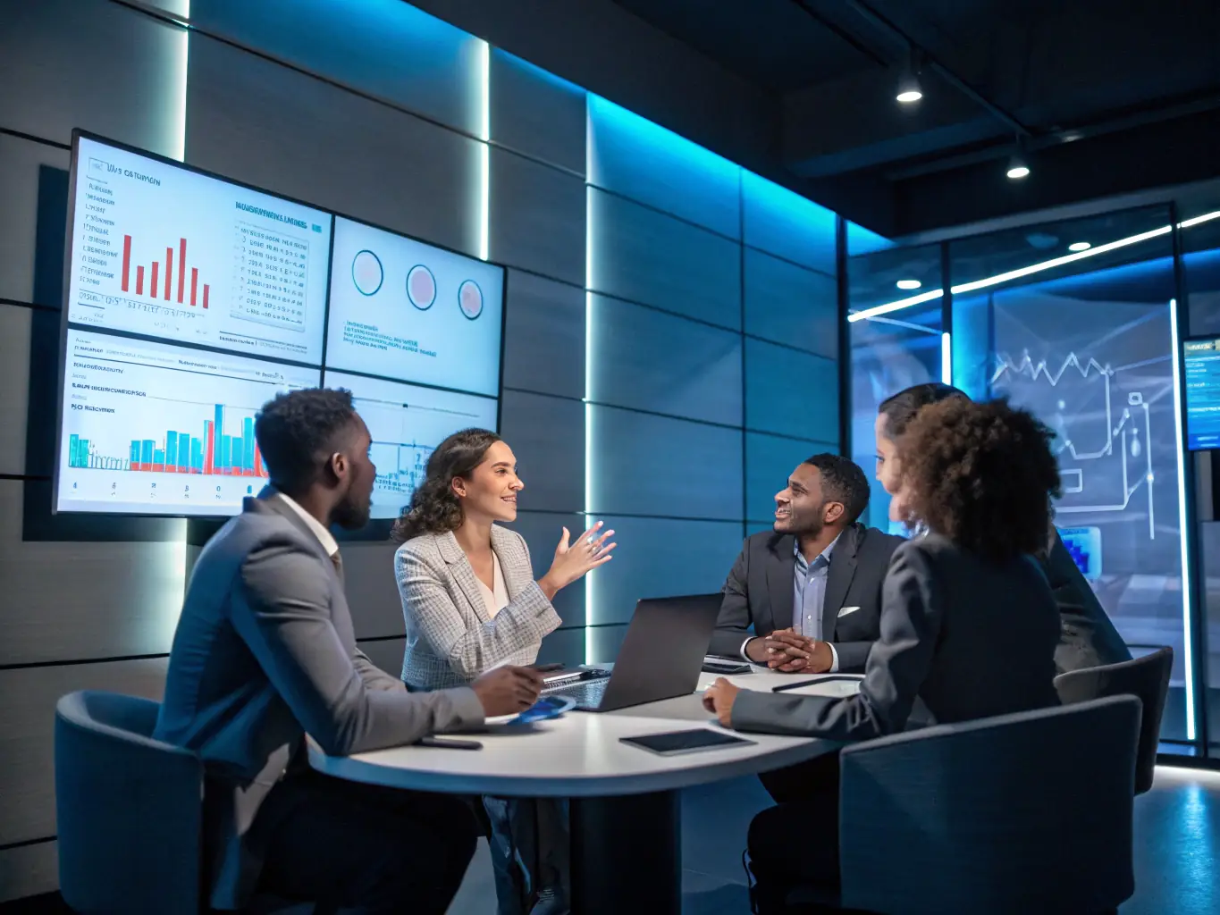 A diverse group of business professionals collaborating around a holographic display showing global transaction data, symbolizing the global reach and collaborative benefits of using Barbp.online.