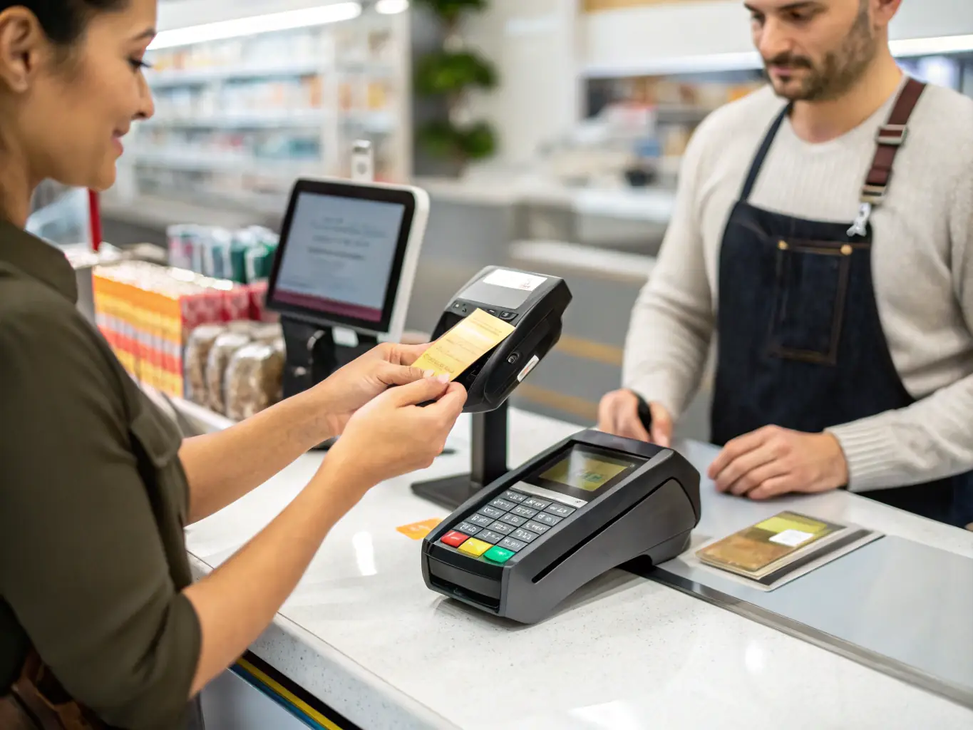 An image illustrating a mobile payment transaction with a smartphone and a POS terminal, representing multi-channel payment acceptance.